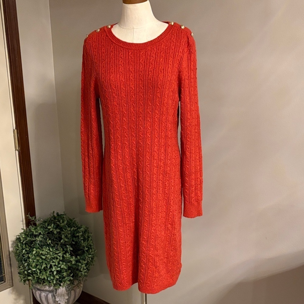 Talbots VTG rusty fall Red Long Sleeve cable knit sweater Dress midi gold button